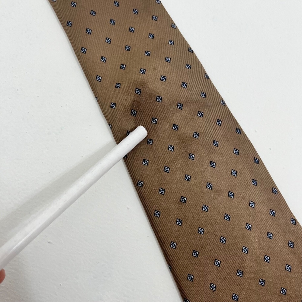 Vintage Christian Dior Silk Tie Brown Diamond Print Blue Center 3.25"x56" - Picture 3 of 6